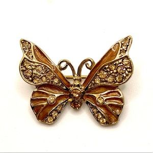 Vintage 70's 80's Enamel Rhinestone Gold Tone Butterfly Brooch Pin Pendant D026
